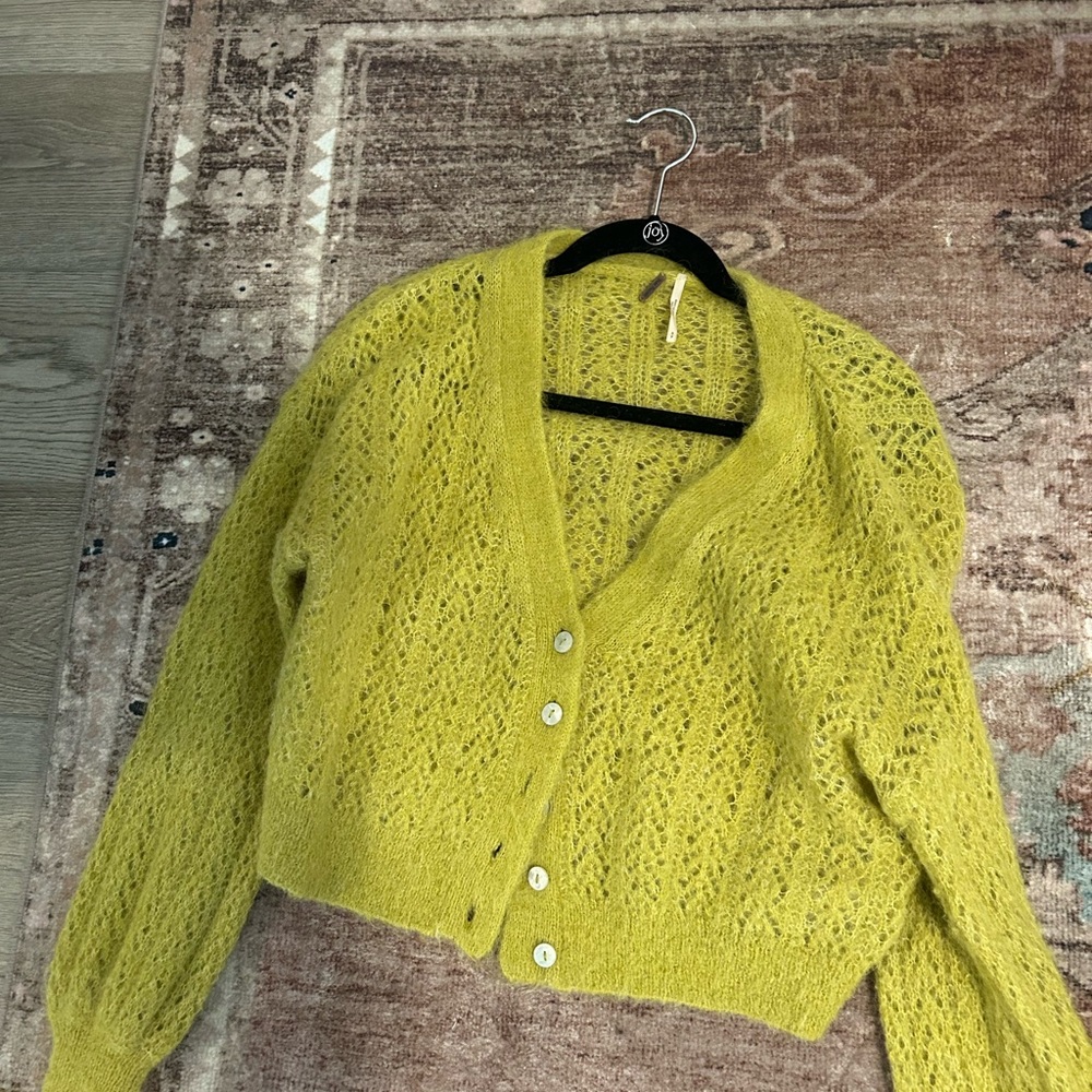 Free People Yellow Cardigan Sweater with Open-Knit Design